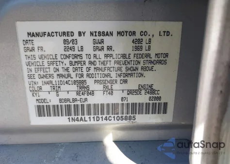 2004 Nissan Altima 2.5 S z USA, uszkodzony, nr VIN 1N4AL11D14C105885